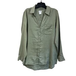 Sigrid Olsen 100% Linen Shirt Size L Green Button Up Coastal Grandma Chic